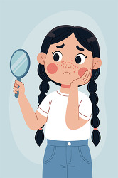 Young girl looking at pimples in mirror