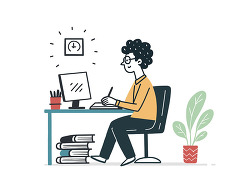 Young Man Working At Computer Desk With Books