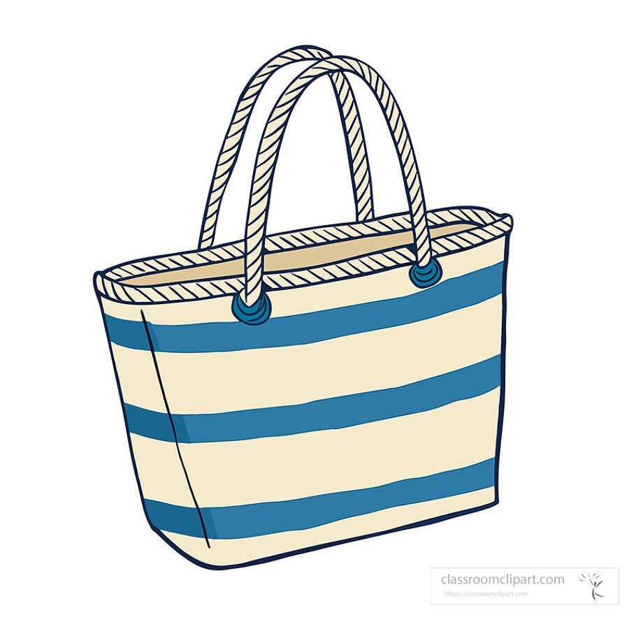  illustration of a blue and white striped tote bag with rope handles