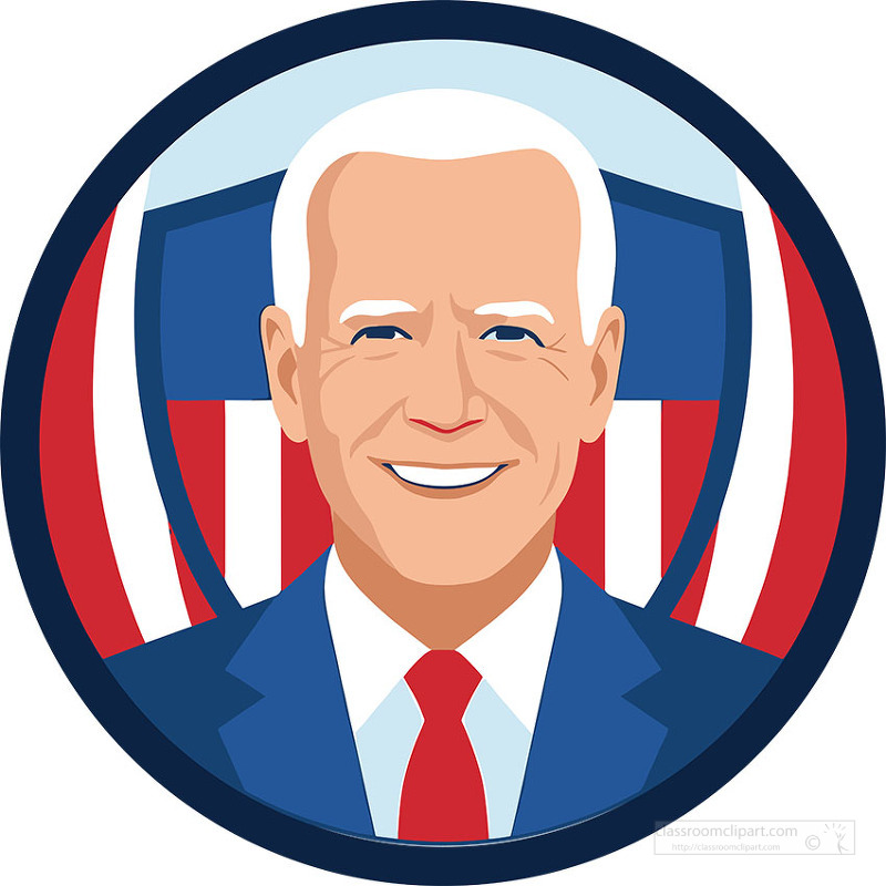 Modern flat portrait of Joe Biden wearing a suit and tie framed by a circular patriotic background in red white and blue