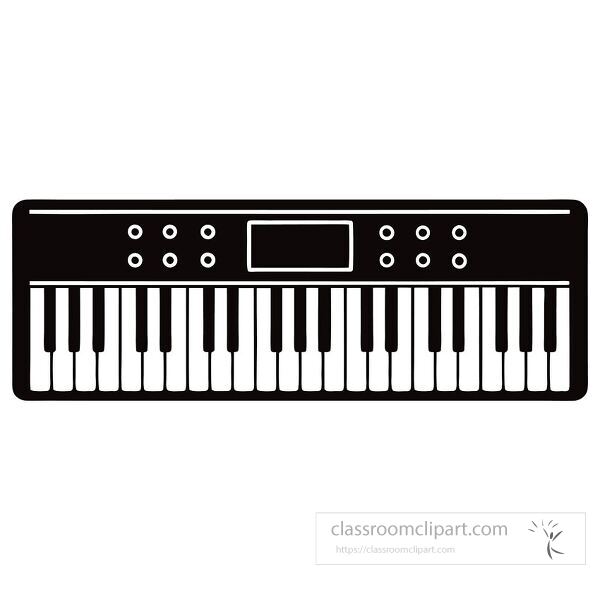 Stylized outline of a keyboard synthesizer with keys and buttons