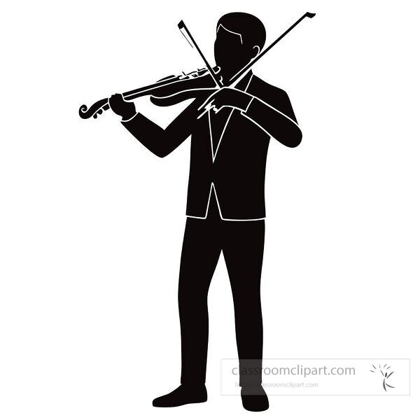 A simple black silhouette of a violin is displayed on white background