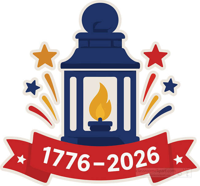 1776 2026 lantern anniversary badge with blue lantern red ribbon flame stars and fireworks accents