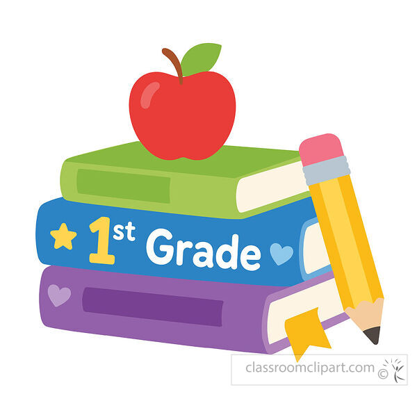 1st grade books clipart with stacked colorful books a red apple yellow pencil hearts and star details