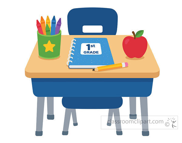 1st grade classroom desk clipart with a blue notebook red apple pencil crayons cup and student chair