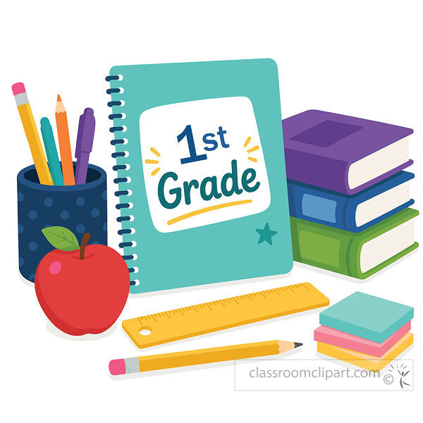 Teal 1st grade notebook with books an apple a ruler pencils and sticky notes arranged as school supplies