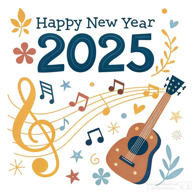 A vibrant digital illustration celebrates the arrival of 2025 with musical notes, flowers, and a guitar, capturing the festive spirit and excitement of the new year.