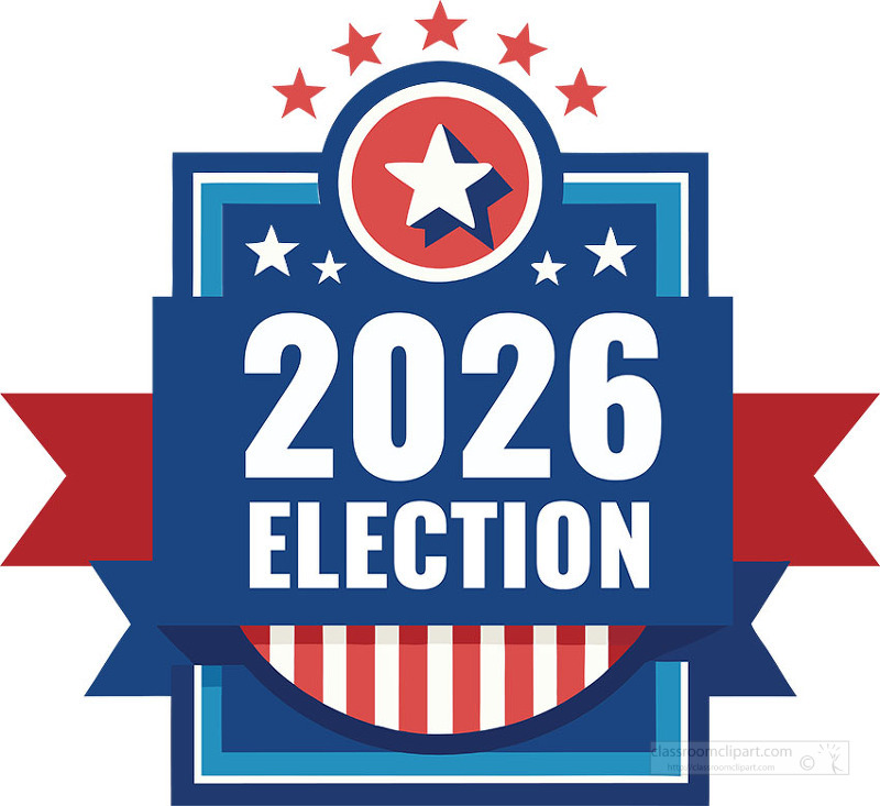 A bold 2026 election badge with stars and ribbon in patriotic colors designed for campaign graphics and voting awareness materials