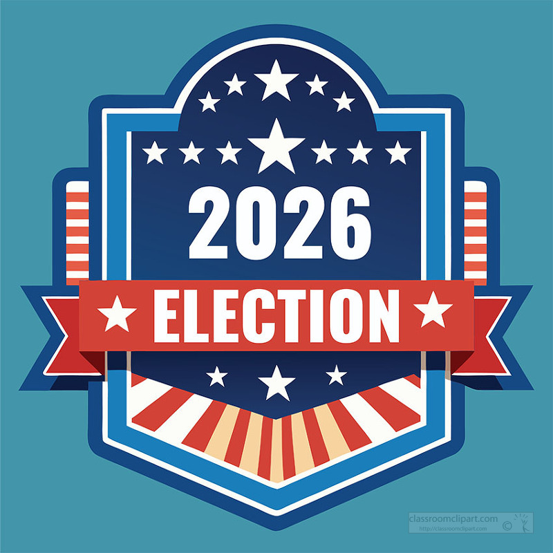 A clean 2026 election badge featuring bold stars and patriotic colors ideal for campaign graphics voting materials and election promotions