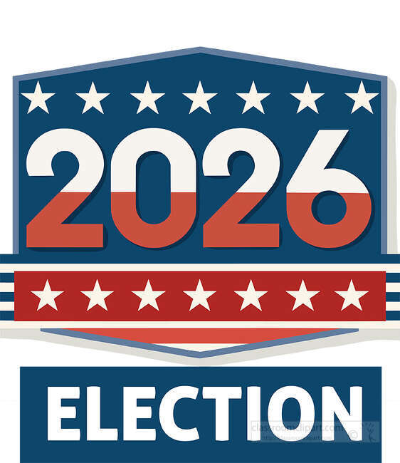 2026 election shield badge with bold election text red white and blue panels and rows of white stars