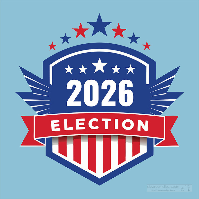 A patriotic 2026 election shield with stars and stripes elements created for political campaigns voting promotions and election themed visuals