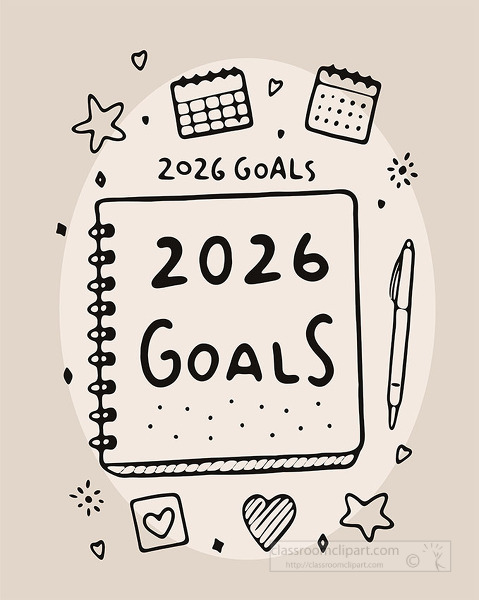 A spiral notebook showing 2026 goals with cute icons and a pen beside it
