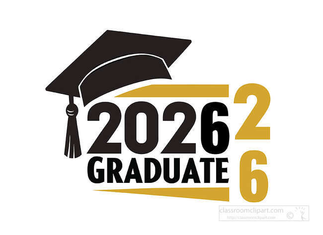 2026 Graduate lettering with black graduation cap tassel and gold number accents on a white background