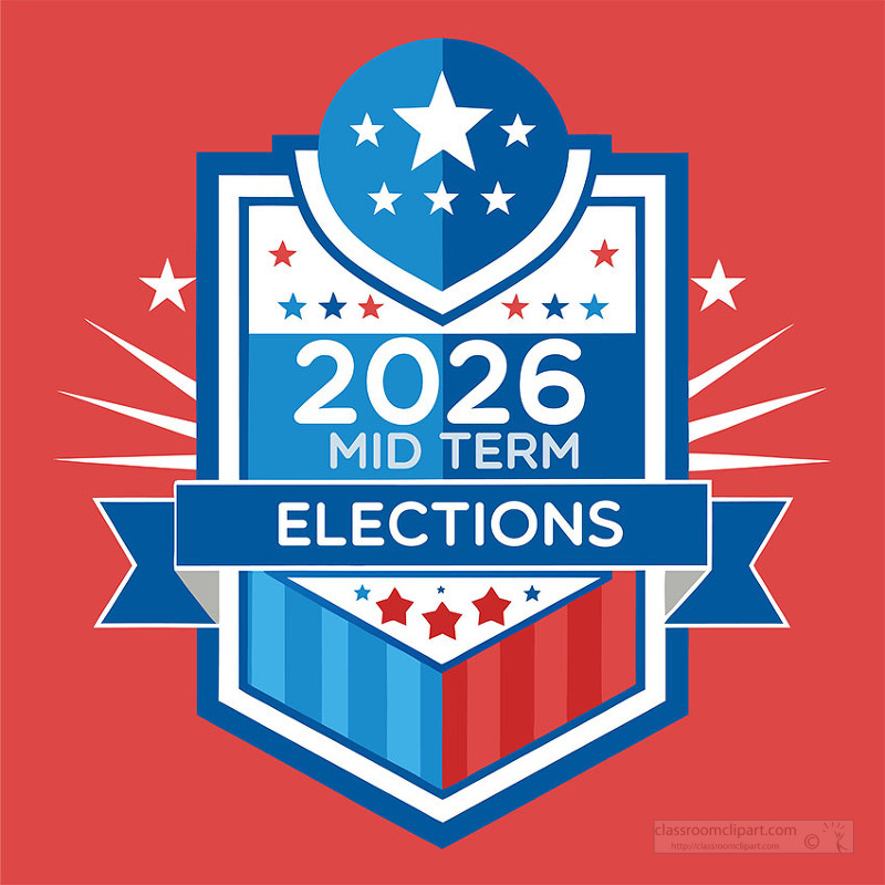 A bold 2026 mid term election badge with stars and ribbon details created for political campaigns voting materials and civic awareness graphics