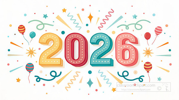 estive design featuring large 2026 numbers surrounded by balloons stars dots and streamers on a clean white background perfect for new year party invitations social media posts and holiday greeting cards