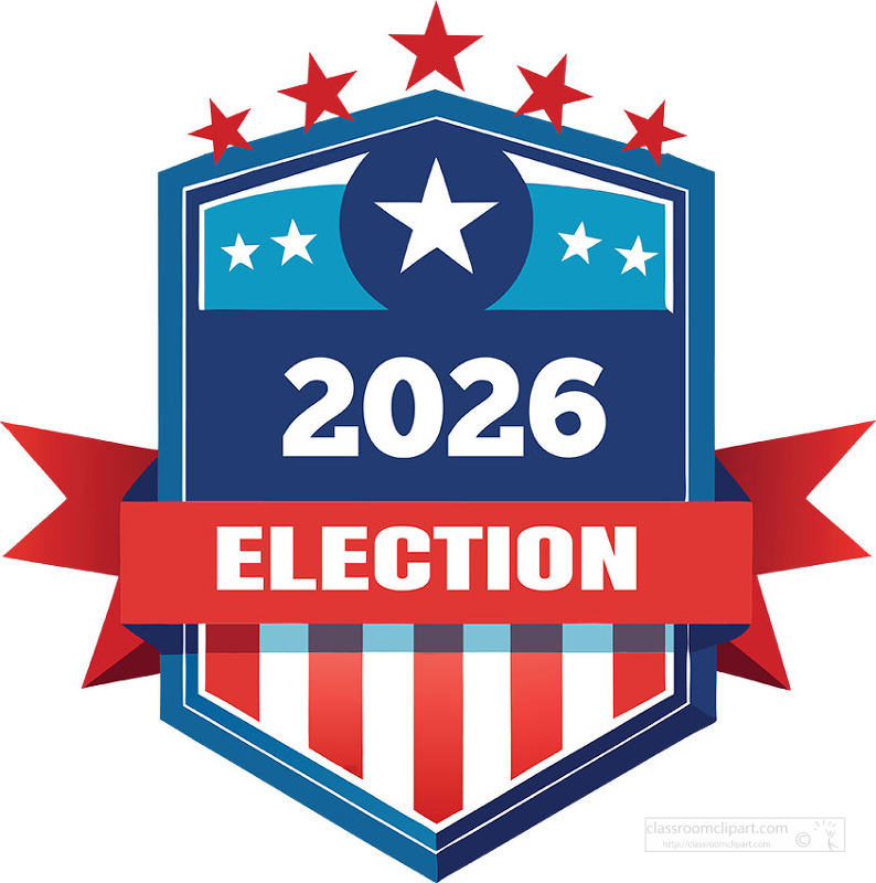 A strong 2026 patriotic election badge with stars and stripes styling created for political campaigns voting promotions and election branding