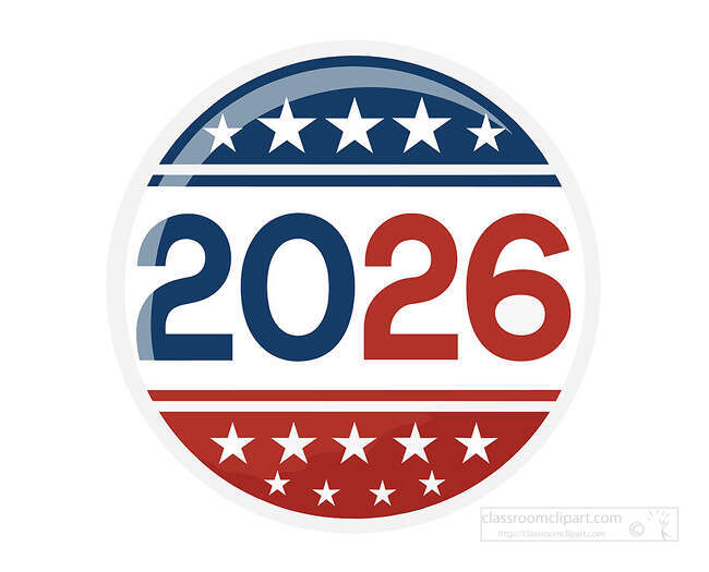 Round 2026 patriotic badge with red and blue numbers white stars and red white and blue stripes