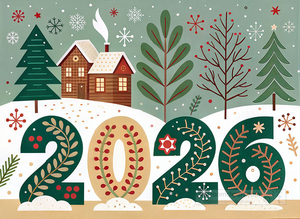 arm winter design showing a wooden cabin on a snowy hill surrounded by evergreen trees bare branches and stylized 2026 numbers embellished with leaves berries and snowflakes