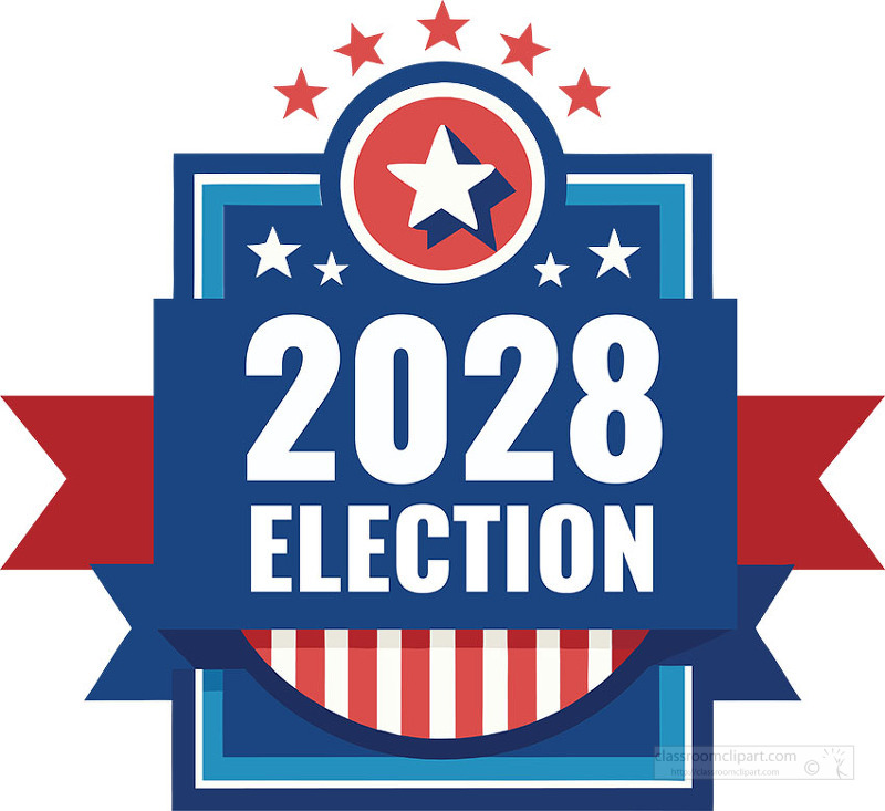 A bold 2028 election badge with stars and ribbon in patriotic colors designed for campaign graphics and voting awareness materials