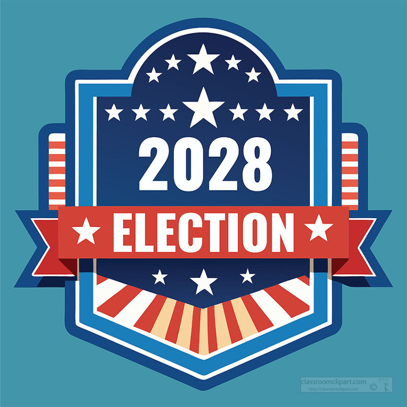 A clean 2028 election badge featuring bold stars and patriotic colors ideal for campaign graphics voting materials and election promotions