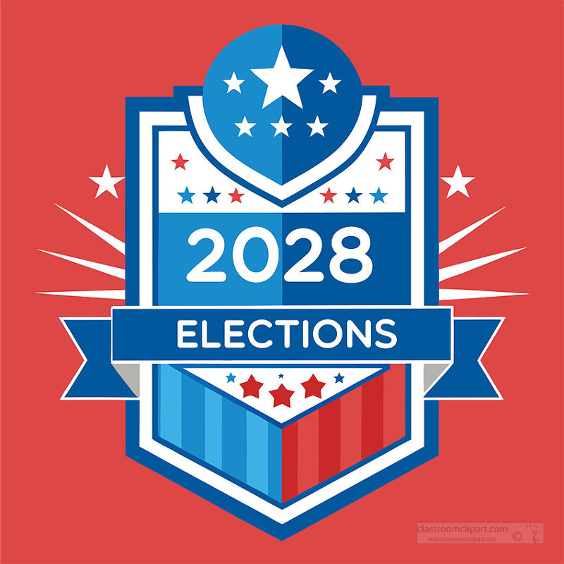 A strong 2028 election badge featuring stars and ribbon accents designed for campaign visuals voting promotions and political branding