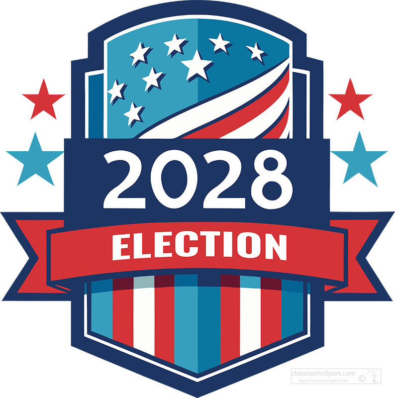 A detailed 2028 election emblem with stars and ribbon elements designed for political branding campaign materials and voting awareness visuals