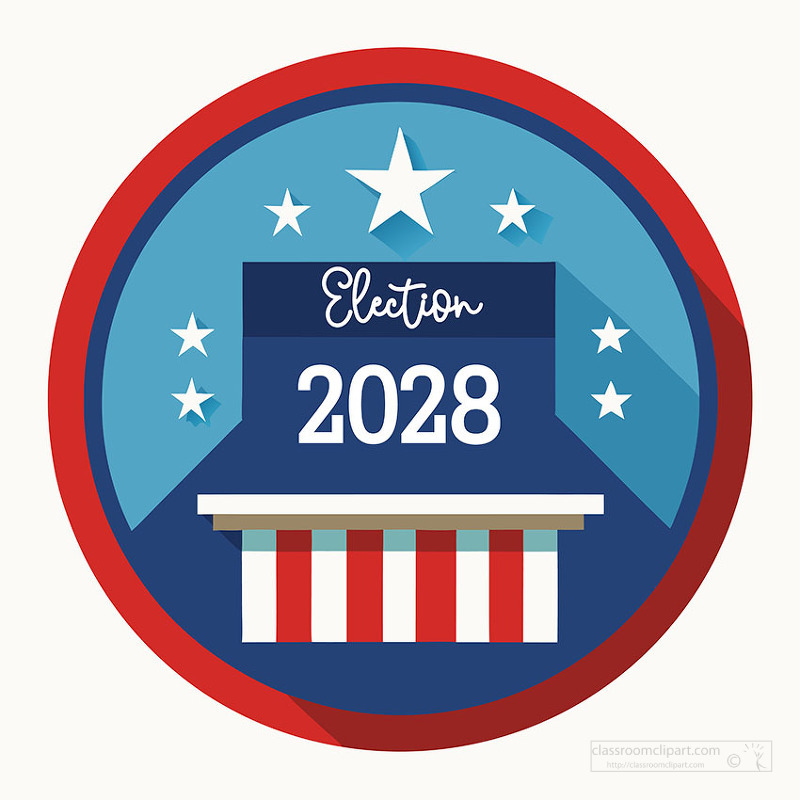 A round 2028 election badge with stars and stripes styling created for political campaigns voting graphics and patriotic promotional use