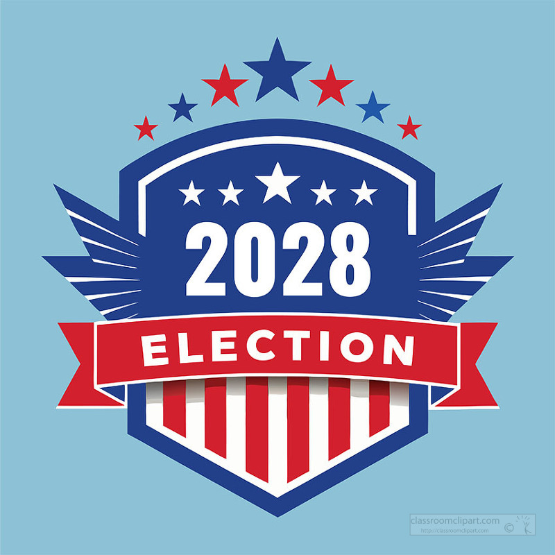 A patriotic 2028 election shield with stars and stripes elements created for political campaigns voting promotions and election themed visuals