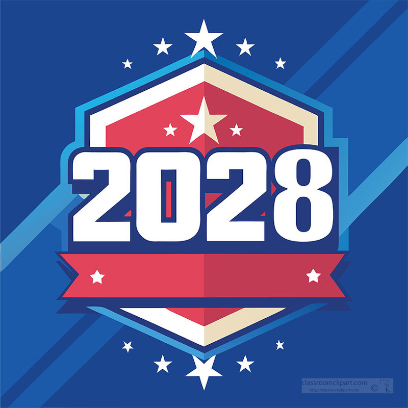 A 2028 election shield emblem with stars and ribbon details designed for campaign branding voting materials and political awareness graphics