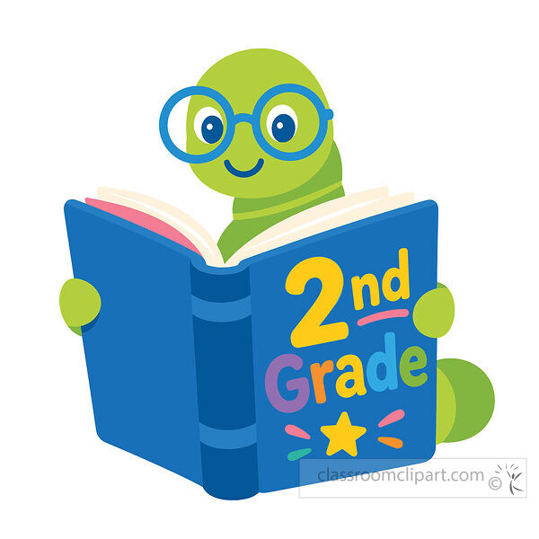 2nd grade reading clipart with a green bookworm wearing glasses and holding a blue book
