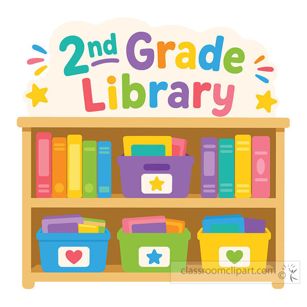 2nd grade library clipart with a wooden bookshelf colorful books book bins stars and cheerful lettering