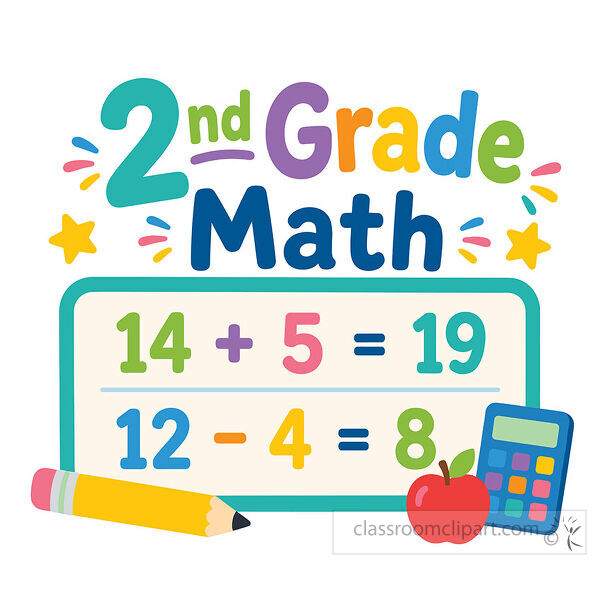 2nd grade math clipart with addition and subtraction problems pencil calculator apple and colorful stars
