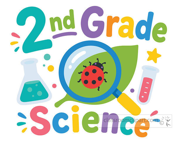 2nd grade science clipart with a ladybug under a magnifying glass flasks leaf stars and colorful lettering