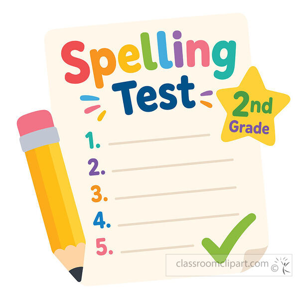 2nd grade spelling test clipart with numbered answer lines a large pencil yellow star and green check mark