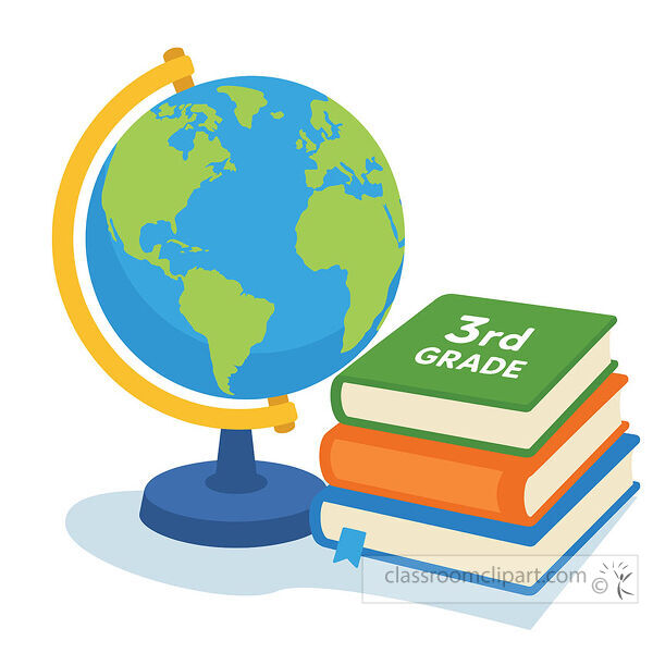 3rd grade school clipart with a classroom globe beside stacked books and a green book cover