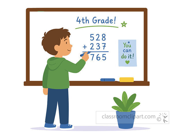 4th grade math clipart with a boy solving an addition problem on a classroom whiteboard
