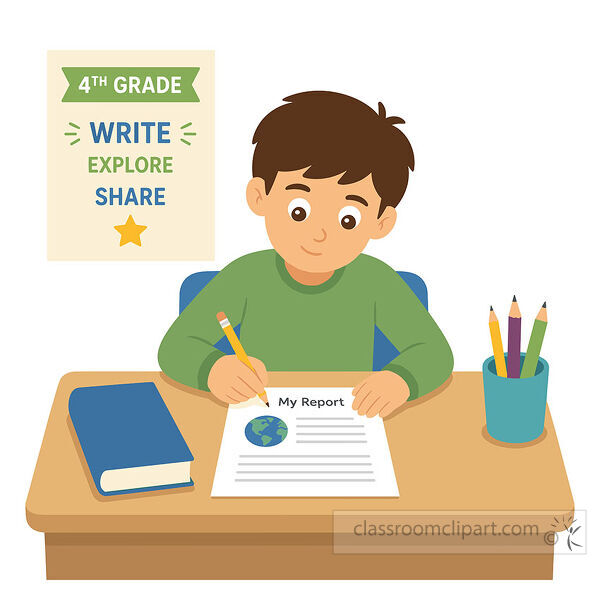 4th grade writing clipart with a boy at a desk writing a report beside pencils a book and classroom poster