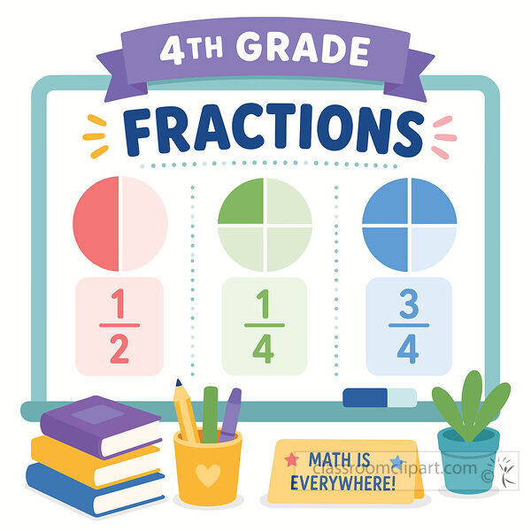 4th grade fractions clipart with a classroom whiteboard fraction circles books pencils and a small plant