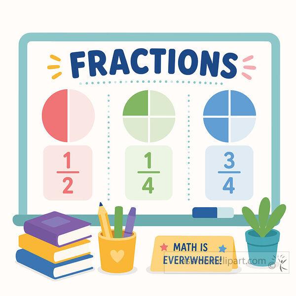 4th grade fractions clipart with a classroom whiteboard fraction circles books pencils and a small plant