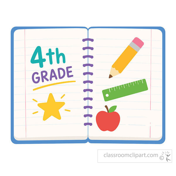 4th grade notebook clipart with lined pages a yellow pencil green ruler red apple and gold star