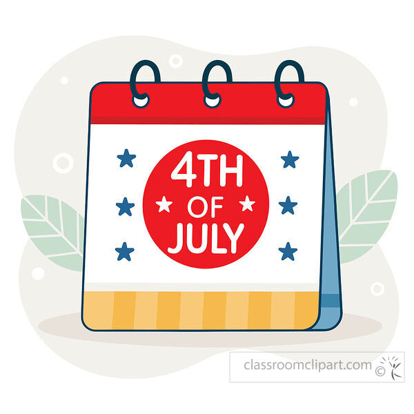 Spiral calendar page shows 4th of July text in a red circle with blue stars and leafy background accents