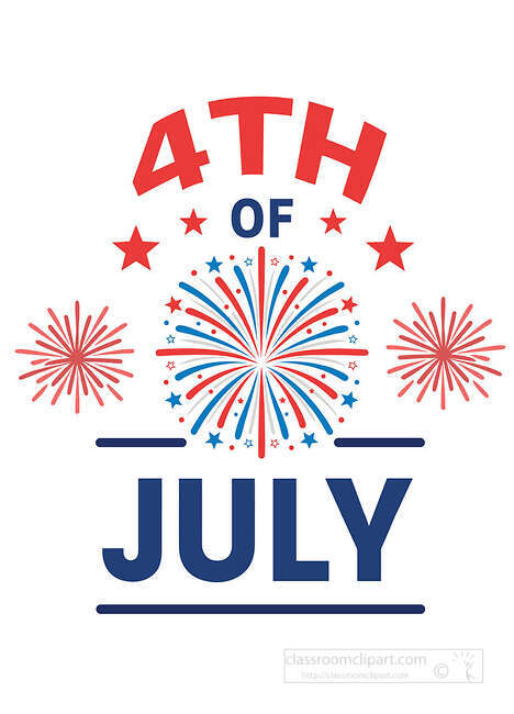 4th of July lettering with red and blue fireworks stars and patriotic decorative lines