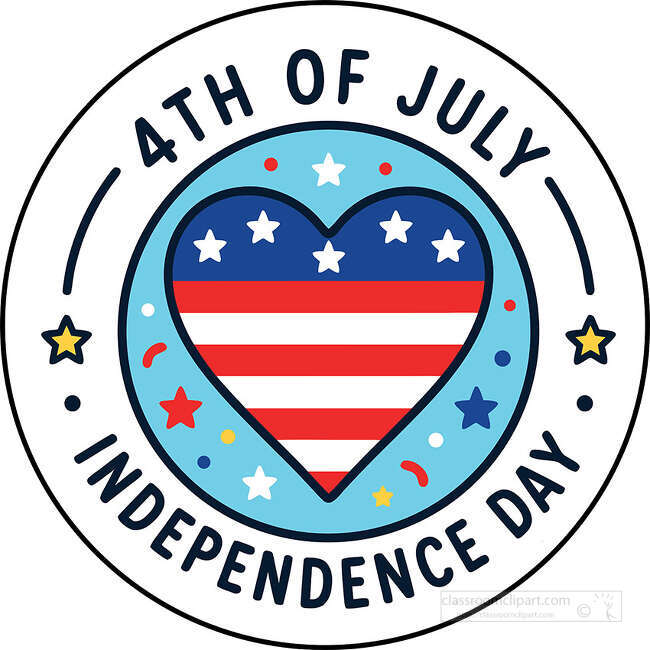 Round 4th of July Independence Day badge with an American flag heart stars and confetti accents