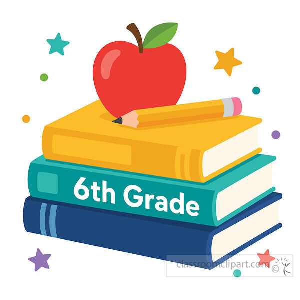 Stack of 6th grade books topped with a red apple and yellow pencil with colorful stars around them