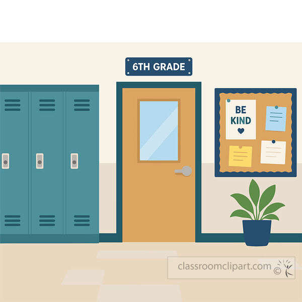 School hallway scene with lockers a 6th Grade door sign a kindness bulletin board and potted plant