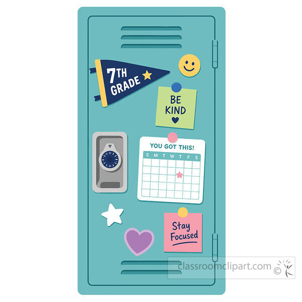 7th grade school locker with pennant calendar smiley face hearts stars and positive notes