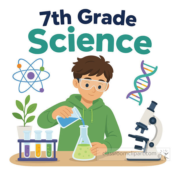Student wearing safety goggles pours blue liquid into a flask with science symbols microscope and test tubes