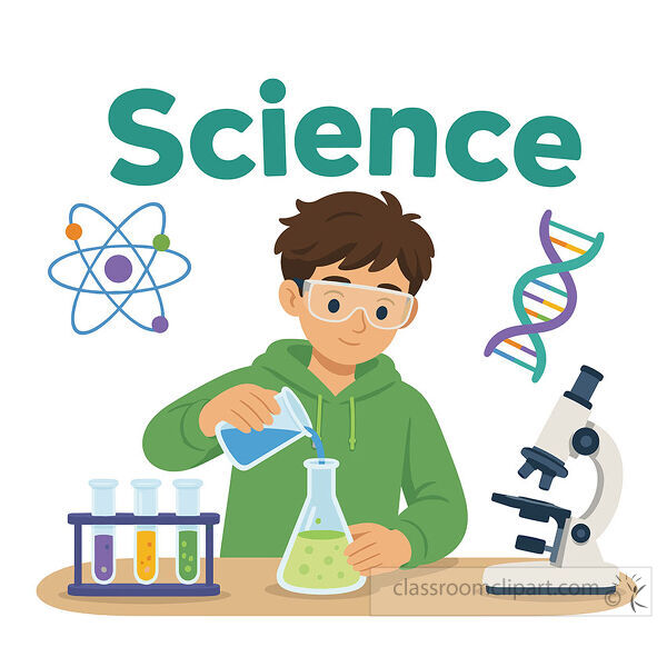 Student wearing safety goggles pours blue liquid into a flask with science symbols microscope and test tubes
