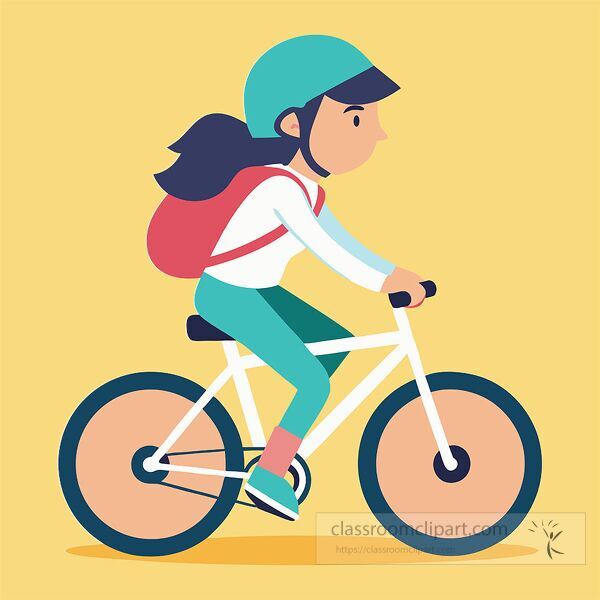 Young girl rides bicycle wearing a helmet and backpack outdoors