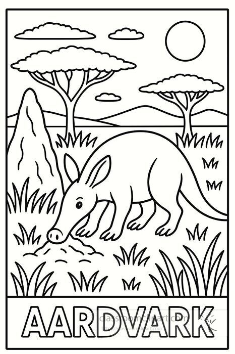 Aardvark foraging in the African savanna near trees and termite mounds in a black and white coloring page
